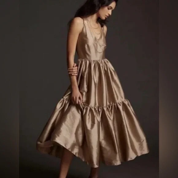 NWT anthro bloni champagne bronze tiered formal dress
